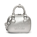 Silver retro Boston style handbag with embossed lettering and adjustable shoulder strap - Silver