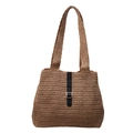 Borsa tote in paglia intrecciata marrone con fibbie in pelle nera per vacanze estive - Cachi