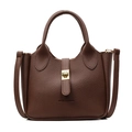 Deep brown lychee pattern bucket bag with golden buckle and sleek leather shoulder strap - Coffee