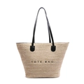 Bolso tote de paja beige minimalista con correas de cuero negro y logo TOTE BAG - Negro