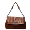 Vintage caramel soft leather tote bag with metallic twist lock and chain strap detail - Brown