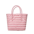 Pink and white woven tote bag with herringbone pattern for summer beach vacations - Pink