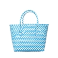 Blue and white woven straw tote bag with zigzag pattern for summer beach vacations - Blue