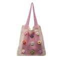 Gehäkelte Tragetasche in Rosa und Beige mit bunten Blumenstickereien für Damen - Rosa