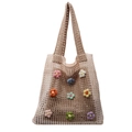 Beige gehäkelte hohle Einkaufstasche mit bunten 3D-Strickblumen-Dekoren für Damen - Khaki