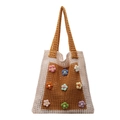 Handgefertigte Häkel-Netztasche in Beige und Karamell mit bunten 3D-Strickblumen - Gelb