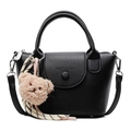 Klassische schwarze Handtasche mit Lychee-Muster für Damen und süßem Bärenanhänger - Mit Anhänger / Schwarz