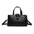 Minimalist black oil wax leather handbag for women featuring top handles and silver hardware - Black