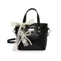 Elegant black glossy bucket bag with lace bow and pearl pendant details - Black (With Pearl Bow Charm)