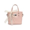 Pink minimalist faux leather bucket bag with white lace bow and pearl pendant decoration - Pink (With Pearl Bow Charm)