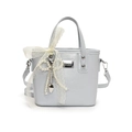 Light blue PU leather bucket bag featuring a lace bow and faux pearl heart pendant - Blue (With Pearl Bow Charm)