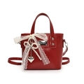 Minimalist red leather bucket bag with white lace bow and pearl heart charm detail - Red (With Pearl Bow Pendant)