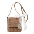 Handwoven straw crossbody bag in natural color featuring a delicate white lace bow - Khaki