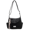 Minimalist black soft leather tote bag with shoulder strap and stylish rope charm - Black