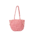 Rosafarbene Strohschultertasche mit Kordelzugfutter und Fischgräten-Webmuster - Rosa