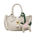 Bolso tipo cubo beige de grano lichi con cierre dorado y colgante de pegaso en cuero - Pequeño / Sin colgante / Blanco Roto