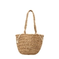 Handgeflochtene Strohtasche mit V-förmigem Wellenmuster und weißem Kordelzug - Khaki
