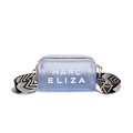 Transparent light blue crossbody bag with bold white lettering and woven wide strap - White