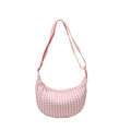 Pink gingham checkered crescent crossbody bag with striped adjustable shoulder strap - Pink