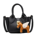 Sac seau noir élégant à texture lychee avec breloque Pégase et fermoir doré chic - Petit / Sans Pendentif / Noir
