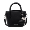 Borsa a secchiello minimalista nera con trama litchi e ciondolo a cuore in argento - Nero