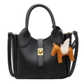Sac seau minimaliste en cuir grainé noir avec serrure dorée et breloque pégase - Grand / Sans Pendentif / Noir
