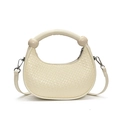Minimalist beige woven crescent dumpling bag with decorative round top handle - White