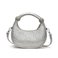 Silver woven leather dumpling bag with metallic finish and grey knot handle detail - Silver