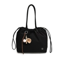 Leichte schwarze Kordelzug-Schultertasche mit Baseball-Anhängern und Metall-Blumenlogo - Schwarz