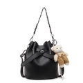 Schicke schwarze Eimertasche mit Litschiprägung, Kette und niedlichem Bärenanhänger - Schwarz Mit Bär Anhänger