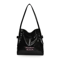 Glossy black tote bag with pink bow accents and long shoulder straps for women - Black