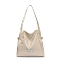 Minimalist beige tote bag in glossy finish with blue bow embroidery and side drawstrings - White
