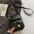 Vertical black crossbody phone bag with gold charm and flap design on a white background - Black / No Pendant