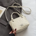 Borsa a secchiello intrecciata in pelle sintetica bianco crema con manici tondi e tracolla - Bianco Sporco - Senza Pendente