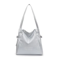 Light gray faux leather tote bag with white Mooduo embroidery and bow accents - Blue
