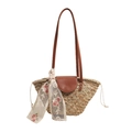 Bolso de hombro de paja con ribete de cuero marrón y detalle de pañuelo de encaje - Estilo 1 (Decoración Pañuelo Floral de Encaje)