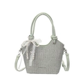 Green and cream woven bucket bag with pearl bow charm and adjustable strap - Green