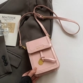 Pink leather crossbody phone bag with gold lettering on a stylish grey blazer background - Pink / No Pendant