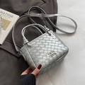 Silver woven bucket bag with metallic finish and top handle with long shoulder strap - Silver - No Charm