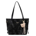 Chic black tote bag with smooth finish and plush bear pendant for stylish commuting - Black With Bear Charm