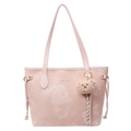 Light pink tote bag with marble texture, gold text logo and plush bear pendant - Pink With Bear Charm