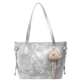 Silver metallic tie-dye tote bag for women featuring a plush bear charm and ribbon detail - Silver With Bear Charm