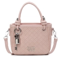 Pink woven texture bucket bag with top handle, crossbody strap and silver charm - Pink With Key and Lock Charm
