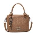 Brown woven pattern bucket bag with a top handle and silver key charm accent - Khaki With Key and Lock Charm