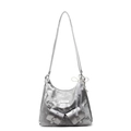 Silver metallic tote bag with pearl bow and lace detail for stylish women - Silver With Lace Pearl Bow