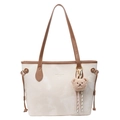 Minimalist beige tote bag with brown leather straps and cute plush bear charm - Creamy White + Bear Charm