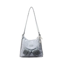 Light blue nylon tote bag with double front pockets and elegant pearl lace pendant - Blue With Lace Pearl Bow