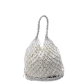 Silver woven mesh bucket bag with a beige drawstring satin liner for beach vacations - Silver
