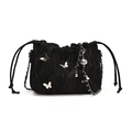 Elegante borsa nera a sacchetto con farfalle d'argento e tracolla a catena in metallo - Nero