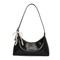Sac sous le bras noir brillant en demi-lune avec nœud perlé et pendentif cœur - Noir + Nœud Perles Cœur